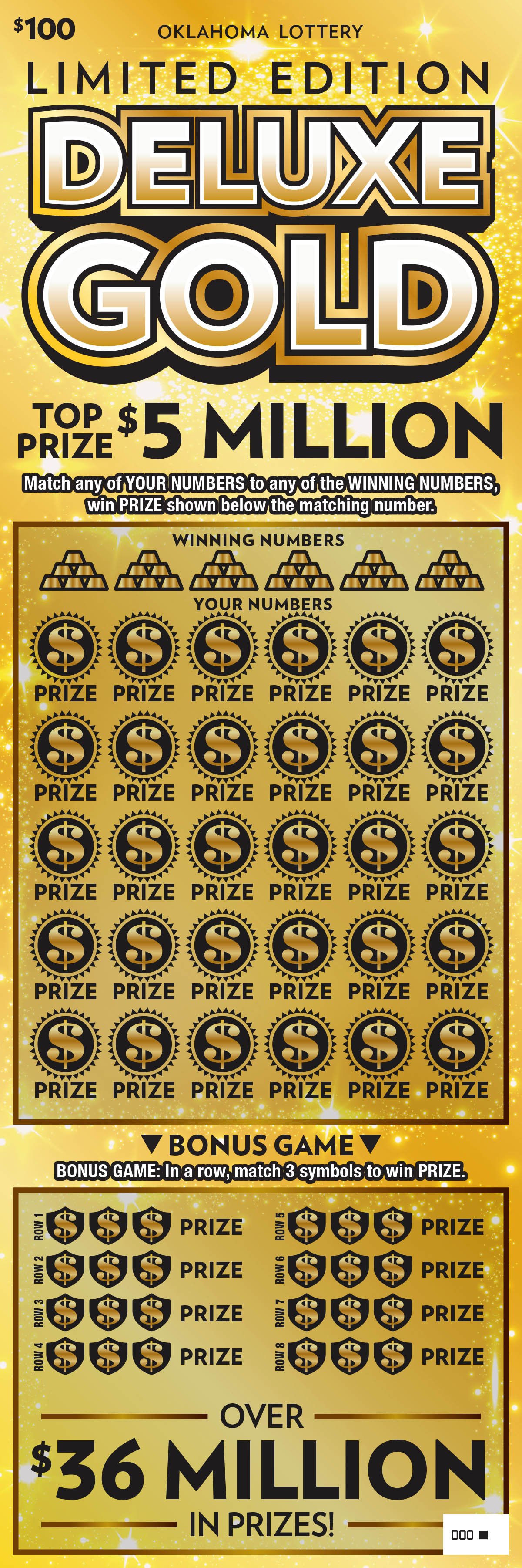 Limited Edition Deluxe Gold scratch-off ticket — gold metallic design with $5 Million top prize